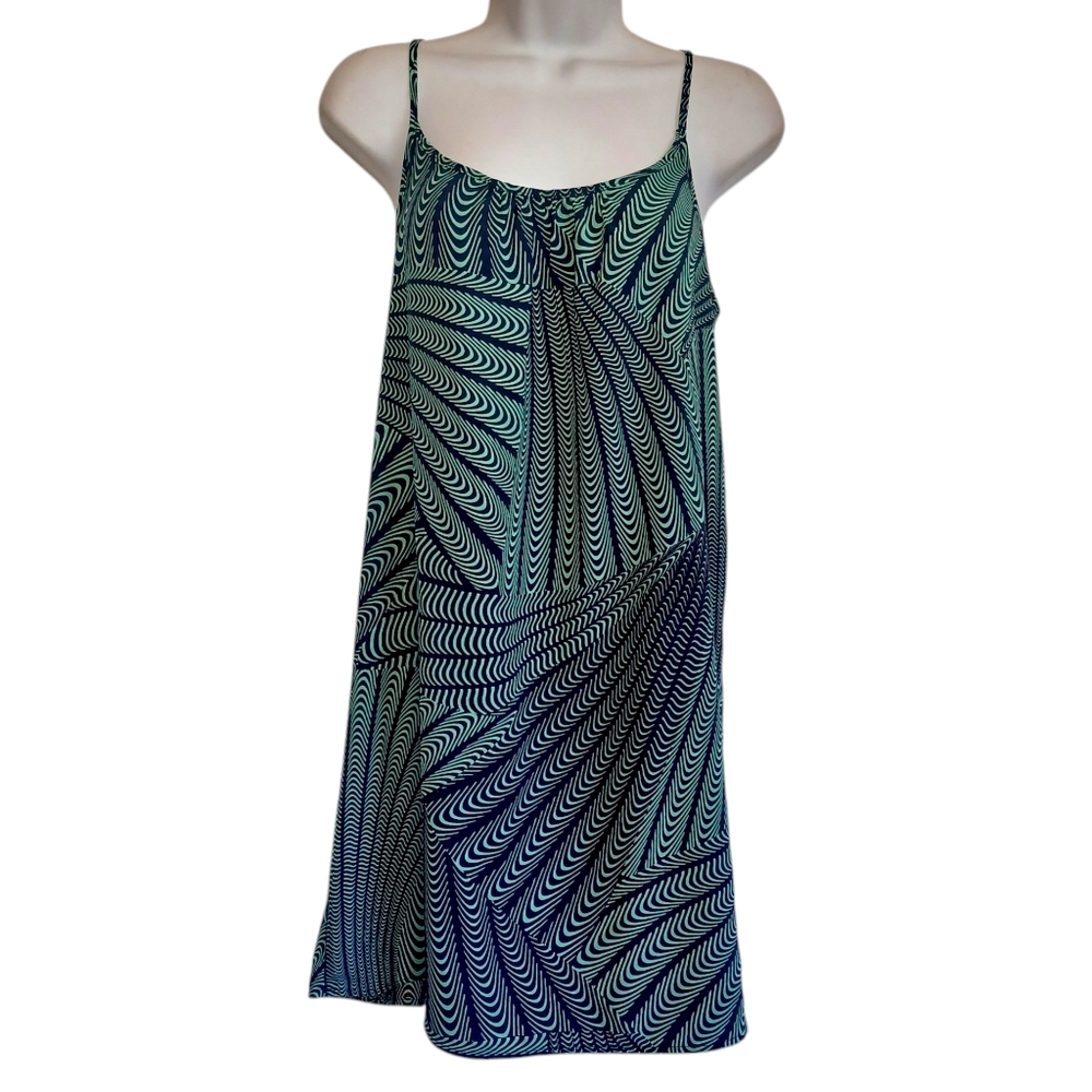 LEMON Dress Medium Teal Green Black Retro Stripe Print Mini Shift Sleeveless